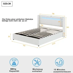 Redom Lit rembourré 160 sur 200 avec éclairage LED lecteur Bluetooth port USB rangement en cuir PU sommier inclus blanc moderne Best