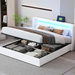 Redom Lit rembourré 160 sur 200 avec éclairage LED lecteur Bluetooth port USB rangement en cuir PU sommier inclus blanc moderne Best