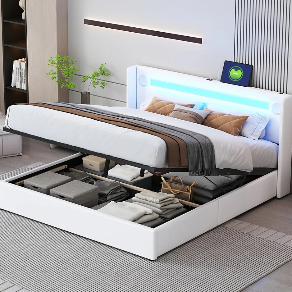 Redom Lit rembourré 160 sur 200 avec éclairage LED lecteur Bluetooth port USB rangement en cuir PU sommier inclus blanc moderne Best