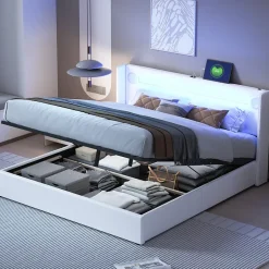 Redom Lit rembourré 160 sur 200 avec éclairage LED lecteur Bluetooth port USB rangement en cuir PU sommier inclus blanc moderne Best
