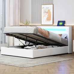 Redom Lit rembourré 140 sur 200 avec éclairage LED lecteur Bluetooth port USB rangement en cuir PU sommier inclus pour chambre Hot