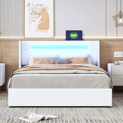 Redom Lit rembourré 140 sur 200 avec éclairage LED lecteur Bluetooth port USB rangement en cuir PU sommier inclus pour chambre Hot