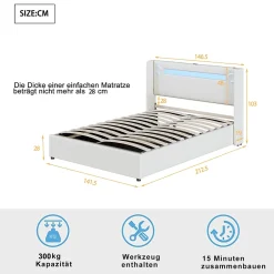 Redom Lit rembourré 140 sur 200 avec éclairage LED lecteur Bluetooth port USB rangement en cuir PU sommier inclus pour chambre Hot