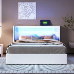 Redom Lit rembourré 140 sur 200 avec éclairage LED lecteur Bluetooth port USB rangement en cuir PU sommier inclus pour chambre Hot