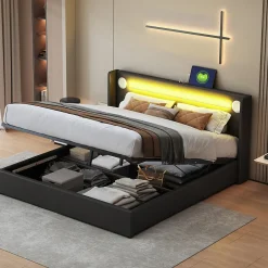 Redom Lit rembourré 160 sur 200 avec éclairage LED lecteur Bluetooth port USB rangement en cuir PU sommier inclus noir élégant