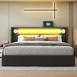 Redom Lit rembourré 160 sur 200 avec éclairage LED lecteur Bluetooth port USB rangement en cuir PU sommier inclus noir élégant