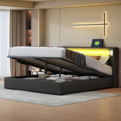 Redom Lit rembourré 160 sur 200 avec éclairage LED lecteur Bluetooth port USB rangement en cuir PU sommier inclus noir élégant
