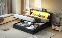 Redom Lit rembourré 160 sur 200 avec éclairage LED lecteur Bluetooth port USB rangement en cuir PU sommier inclus noir élégant