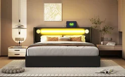 Redom Lit rembourré 160 sur 200 avec éclairage LED lecteur Bluetooth port USB rangement en cuir PU sommier inclus noir élégant