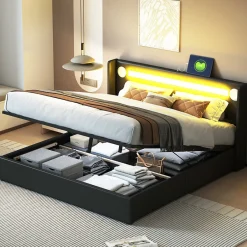 Redom Lit rembourré 160 sur 200 avec éclairage LED lecteur Bluetooth port USB rangement en cuir PU sommier inclus noir élégant