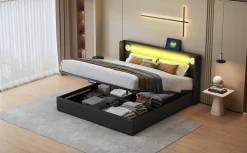 Redom Lit rembourré 160 sur 200 avec éclairage LED lecteur Bluetooth port USB rangement en cuir PU sommier inclus noir élégant