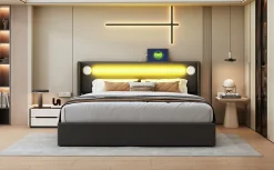 Redom Lit rembourré 160 sur 200 avec éclairage LED lecteur Bluetooth port USB rangement en cuir PU sommier inclus noir élégant
