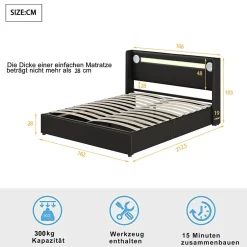 Redom Lit rembourré 160 sur 200 avec éclairage LED lecteur Bluetooth port USB rangement en cuir PU sommier inclus noir élégant