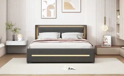 Redom Lit rembourré 160 sur 200 cm avec éclairage LED multicolore et quatre étagères en tissu gris sans matelas Hot
