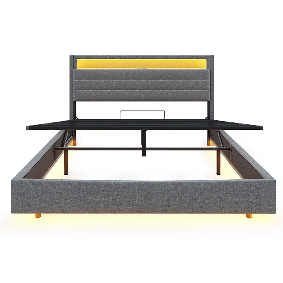 Redom Lit rembourré 140 sur 200 cm cadre flottant hydraulique rangement éclairage LED port USB tête pivotante lin gris