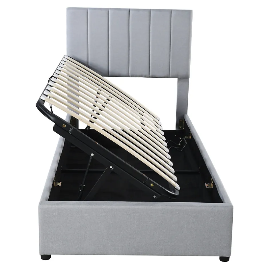 Redom Lit rembourré 90 sur 200 cm coffre à rangement hydraulique tête de lit réglable tissu lin gris adultes ou adolescents