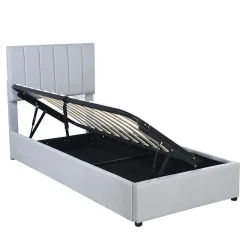Redom Lit rembourré 90 sur 200 cm coffre à rangement hydraulique tête de lit réglable tissu lin gris adultes ou adolescents