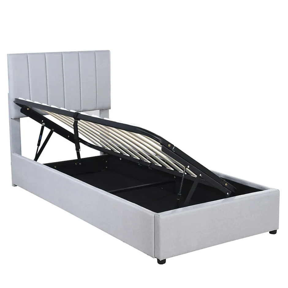Redom Lit rembourré 90 sur 200 cm coffre à rangement hydraulique tête de lit réglable tissu lin gris adultes ou adolescents