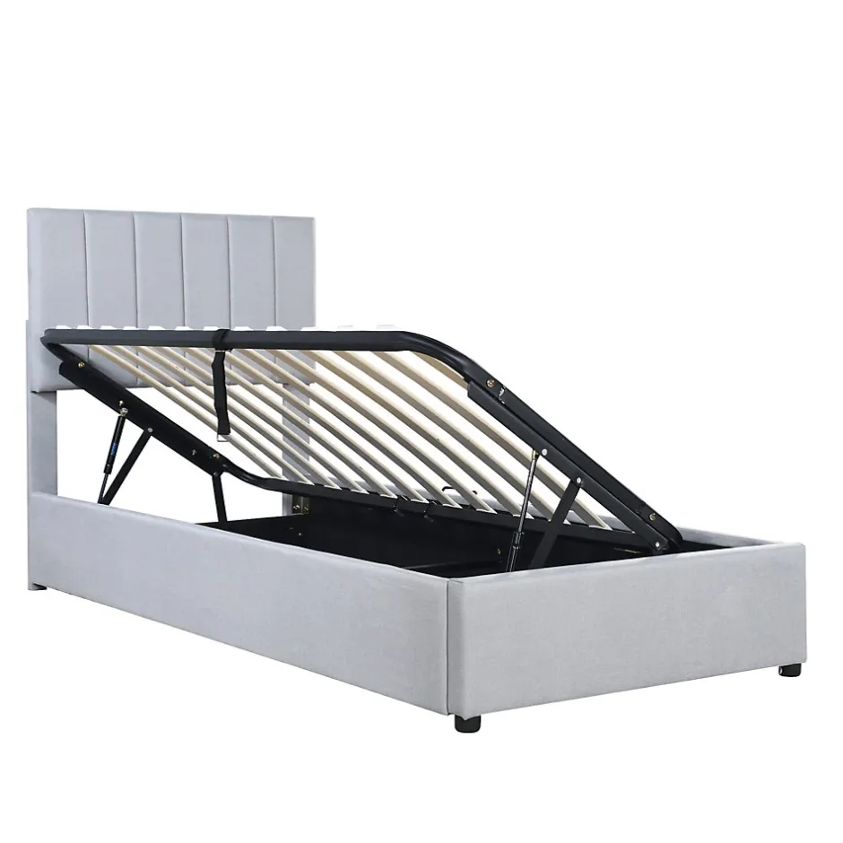 Redom Lit rembourré 90 sur 200 cm coffre à rangement hydraulique tête de lit réglable tissu lin gris adultes ou adolescents