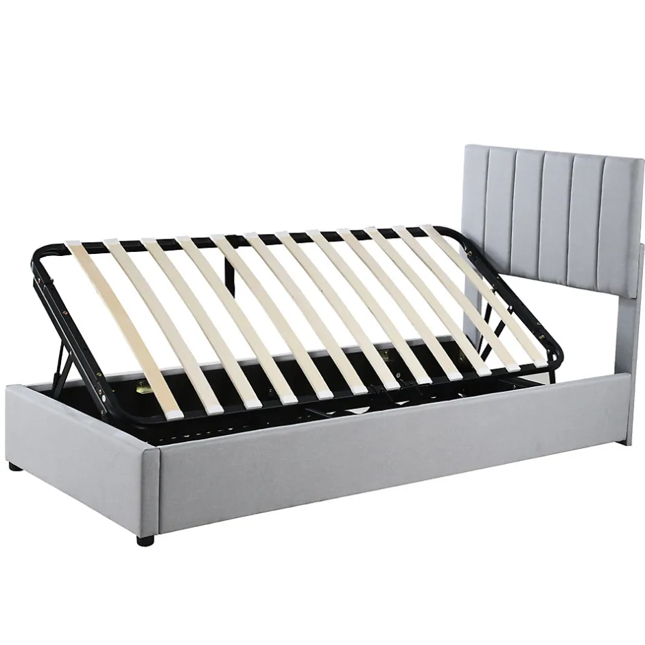 Redom Lit rembourré 90 sur 200 cm coffre à rangement hydraulique tête de lit réglable tissu lin gris adultes ou adolescents