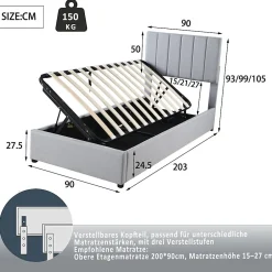 Redom Lit rembourré 90 sur 200 cm coffre à rangement hydraulique tête de lit réglable tissu lin gris adultes ou adolescents