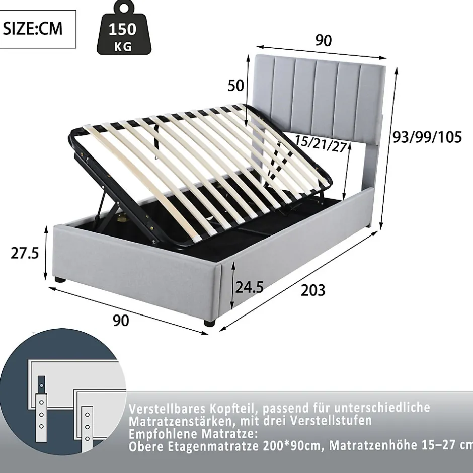 Redom Lit rembourré 90 sur 200 cm coffre à rangement hydraulique tête de lit réglable tissu lin gris adultes ou adolescents