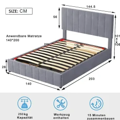 Redom Lit rembourré 140 sur 200 cm coffre hydraulique tête de lit réglable sommier métal velours gris pour adultes ou invités New