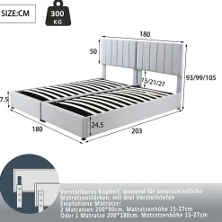 Redom Lit rembourré 180 sur 200 cm coffre hydraulique tissu lin gris lit double multifonction adulte ou invité