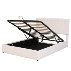 Redom Lit rembourré 140 sur 200 cm coffre hydraulique tête de lit réglable sommier métal velours crème pour adultes ou invités