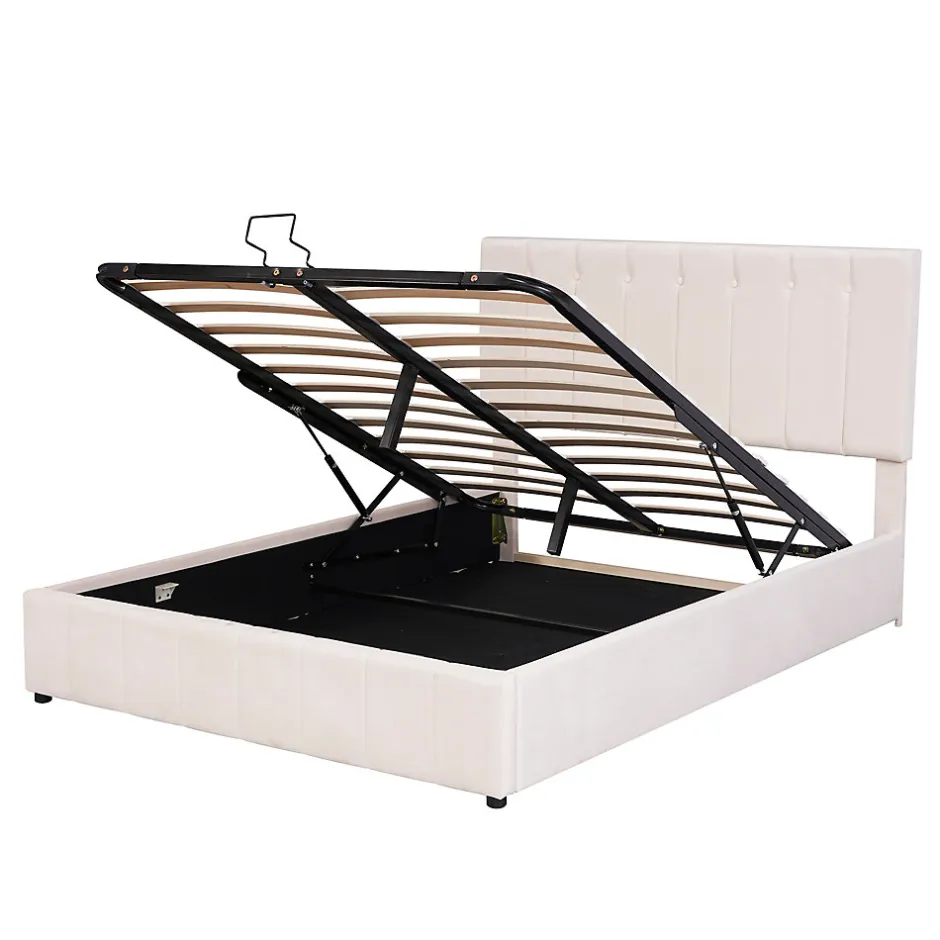 Redom Lit rembourré 140 sur 200 cm coffre hydraulique tête de lit réglable sommier métal velours crème pour adultes ou invités