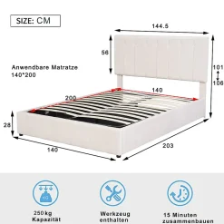 Redom Lit rembourré 140 sur 200 cm coffre hydraulique tête de lit réglable sommier métal velours crème pour adultes ou invités