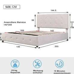 Redom Lit rembourré 140 sur 200 cm coffre hydraulique tête de lit réglable sommier métal velours doux crème pour adultes ou invités