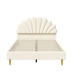 Fortuna lai Lit Rembourré 140 X 200 Cm, Lit Double Avec Tête De Lit à Pétales Et Sommier à Lattes, Velours,beige