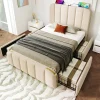 Gutent Lit rembourré 90 x 200 cm, lit simple avec 4 tiroirs, tête de lit avec fonction de recharge USB Type-C, lin, beige, sans matelas