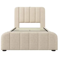 Gutent Lit rembourré 90 x 200 cm, lit simple avec 4 tiroirs, tête de lit avec fonction de recharge USB Type-C, lin, beige, sans matelas