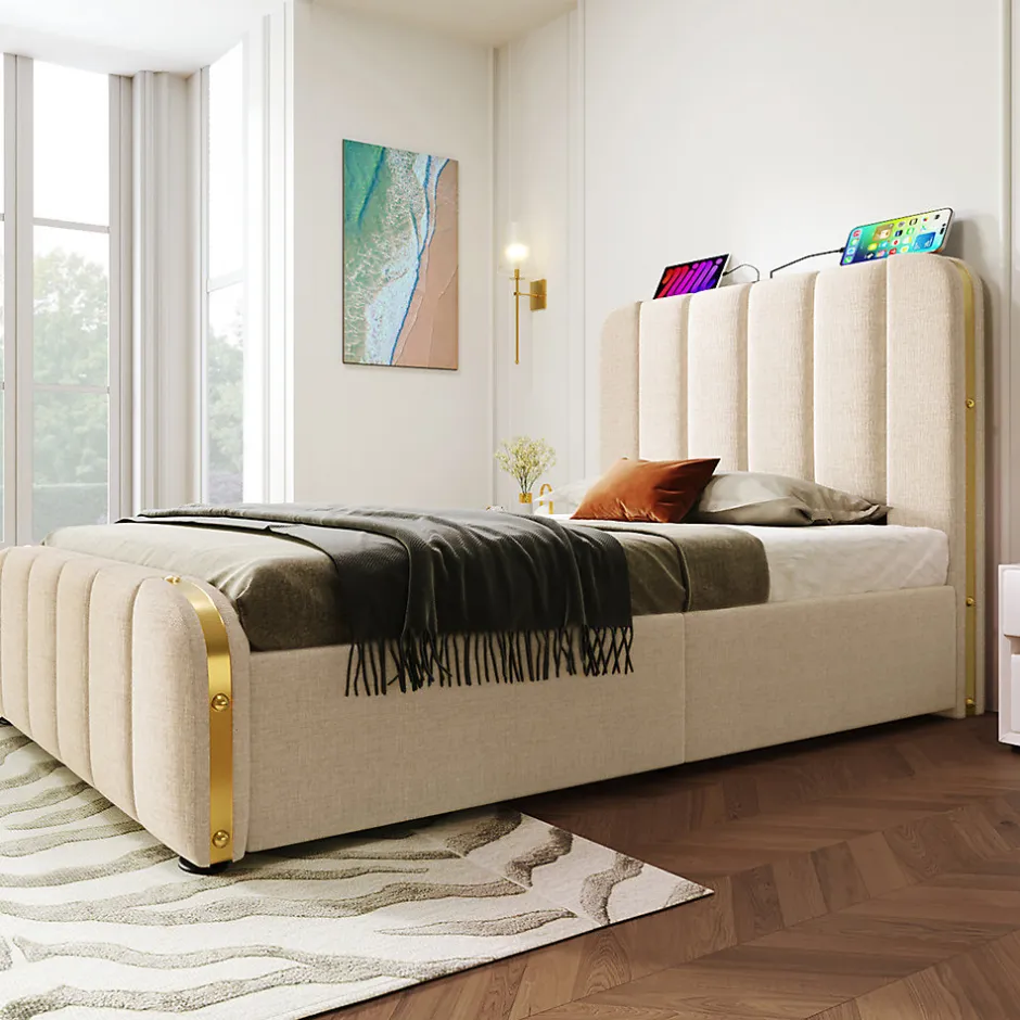 Gutent Lit rembourré 90 x 200 cm, lit simple avec 4 tiroirs, tête de lit avec fonction de recharge USB Type-C, lin, beige, sans matelas