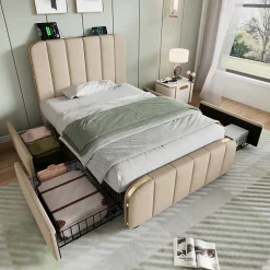 Gutent Lit rembourré 90 x 200 cm, lit simple avec 4 tiroirs, tête de lit avec fonction de recharge USB Type-C, lin, beige, sans matelas