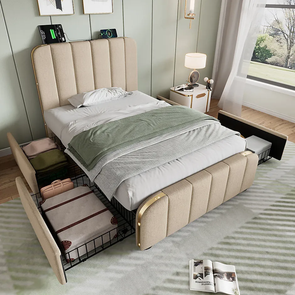 Gutent Lit rembourré 90 x 200 cm, lit simple avec 4 tiroirs, tête de lit avec fonction de recharge USB Type-C, lin, beige, sans matelas