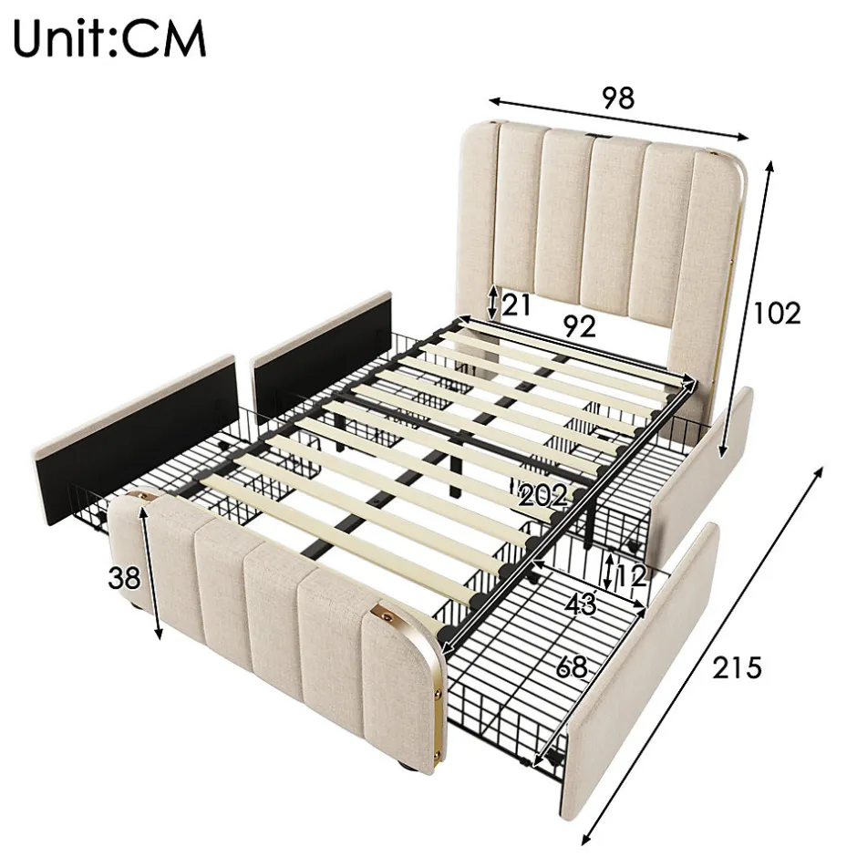 Gutent Lit rembourré 90 x 200 cm, lit simple avec 4 tiroirs, tête de lit avec fonction de recharge USB Type-C, lin, beige, sans matelas