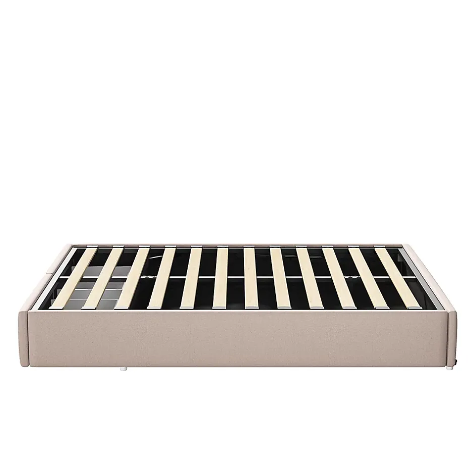 Generique Lit rembourré coffre 140x200 cm avec 2 tiroirs, lit adulte avec sommier à lattes, sans tête de lit, tissu en lin, beige