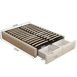Generique Lit rembourré coffre 140x200 cm avec 2 tiroirs, lit adulte avec sommier à lattes, sans tête de lit, tissu en lin, beige