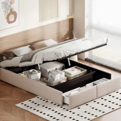 Generique Lit rembourré coffre 140x200 cm avec 2 tiroirs, lit adulte avec sommier à lattes, sans tête de lit, tissu en lin, beige