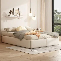 ProximaX Lit rembourré coffre 140x200 cm avec 2 tiroirs, lit adulte avec sommier à lattes, sans tête de lit, tissu en lin, beige