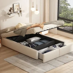 ProximaX Lit rembourré coffre 140x200 cm avec 2 tiroirs, lit adulte avec sommier à lattes, sans tête de lit, tissu en lin, beige