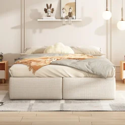 ProximaX Lit rembourré coffre 140x200 cm avec 2 tiroirs, lit adulte avec sommier à lattes, sans tête de lit, tissu en lin, beige
