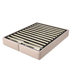 ProximaX Lit rembourré coffre 140x200 cm avec 2 tiroirs, lit adulte avec sommier à lattes, sans tête de lit, tissu en lin, beige