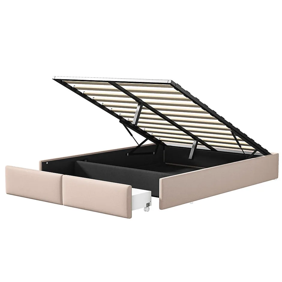 ProximaX Lit rembourré coffre 140x200 cm avec 2 tiroirs, lit adulte avec sommier à lattes, sans tête de lit, tissu en lin, beige