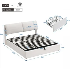 Gutent Lit rembourré hydraulique lit coffre 180x200 cm lit de rangement lit trois tiroirs lit cadre et tête de lit à lattes velours blanc Outlet