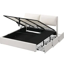 Gutent Lit rembourré hydraulique lit coffre 180x200 cm lit de rangement lit trois tiroirs lit cadre et tête de lit à lattes velours blanc Outlet