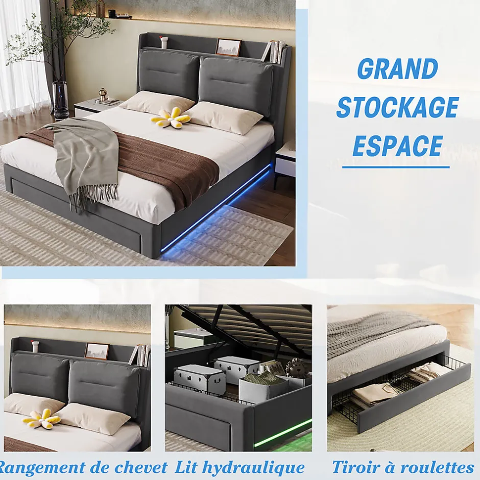 Gutent Lit rembourré hydraulique 140x190cm, tiroirs de rangement, avec sommier à lattes, sans matelas, velours, gris